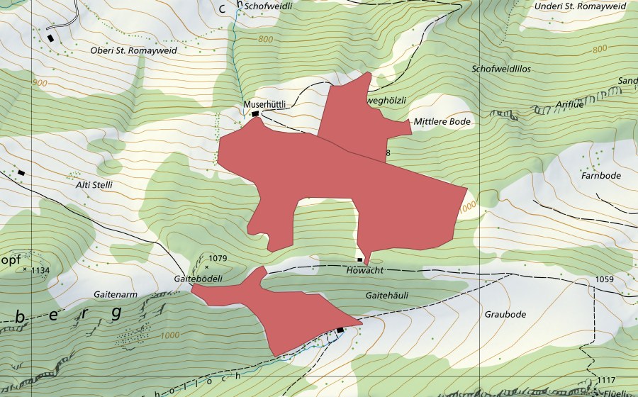 swisstopo national map showing the protected perimeter of Mittlere Romaiweid (Dry meadow)