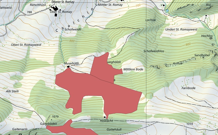 swisstopo national map showing the protected perimeter of Mittlere Romaiweid (Dry meadow)