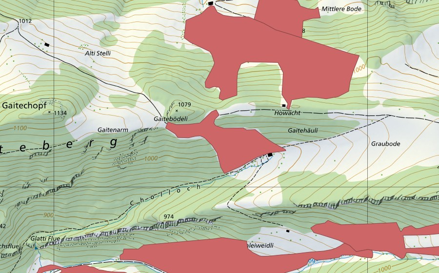Carte nationale swisstopo avec le périmètre protégé de Mittlere Romaiweid (Prairie sèche)