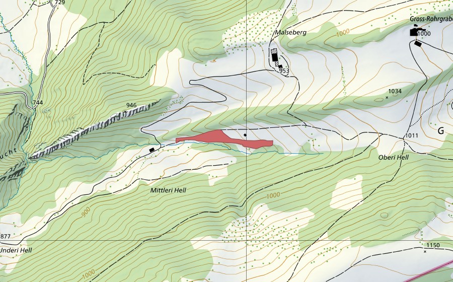 Landeskarte swisstopo mit dem Schutzperimeter von Mittleri Hell (Trockenwiese)