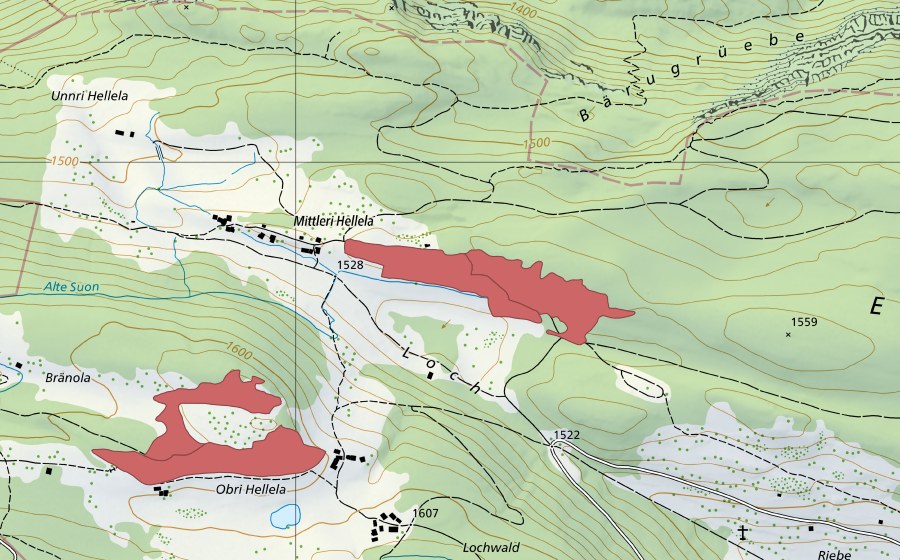 swisstopo national map showing the protected perimeter of Mittleri Hellela (Dry meadow)