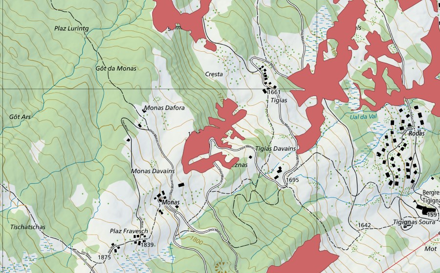 Carte nationale swisstopo avec le périmètre protégé de Monas (Prairie sèche)