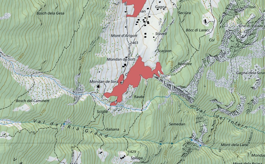 swisstopo national map showing the protected perimeter of Mondan (Dry meadow)