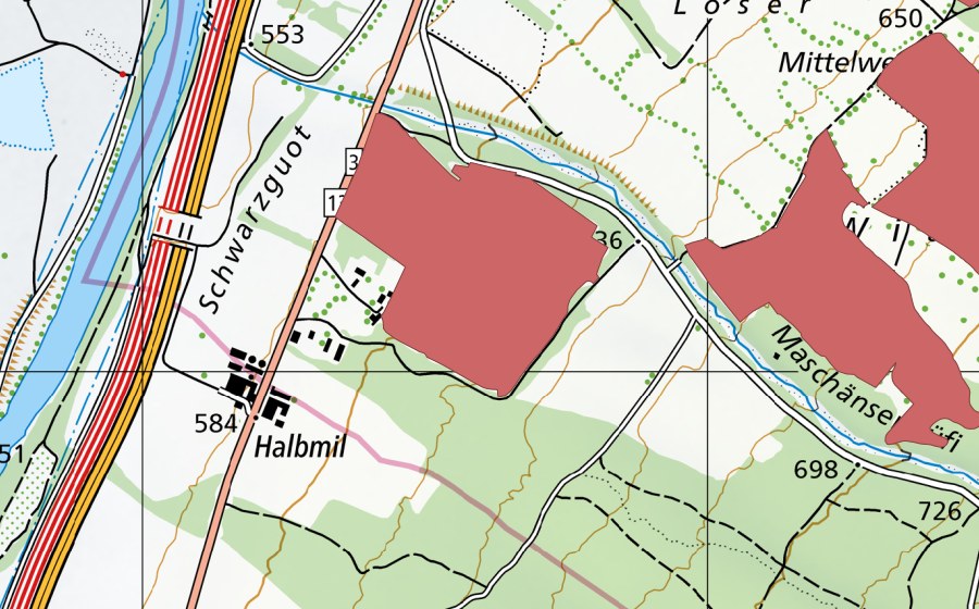 Carte nationale swisstopo avec le périmètre protégé de Mondura (Prairie sèche)