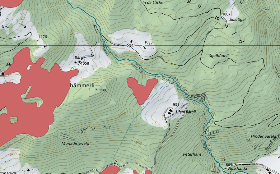 Carte nationale swisstopo avec le périmètre protégé de Monhämmerli (Prairie sèche)