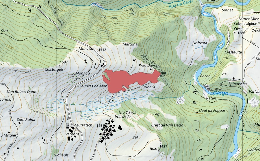 Carte nationale swisstopo avec le périmètre protégé de Mons (Prairie sèche)