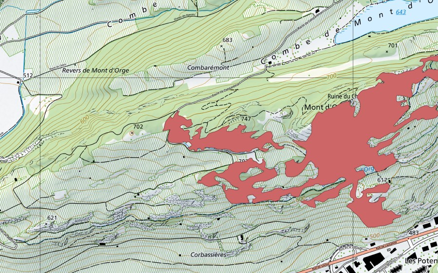 swisstopo national map showing the protected perimeter of Mont d'Orge (Dry meadow)