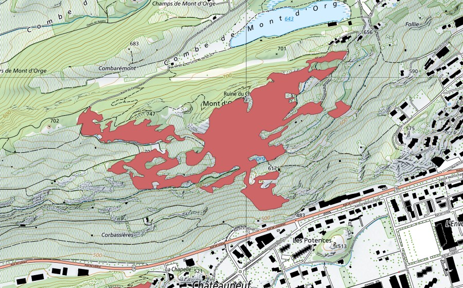 swisstopo national map showing the protected perimeter of Mont d'Orge (Dry meadow)