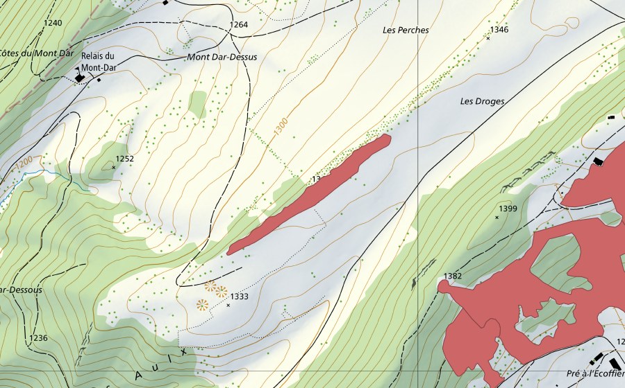 swisstopo national map showing the protected perimeter of Mont Dar (Dry meadow)