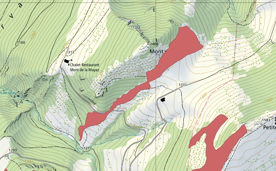 Carte nationale swisstopo avec le périmètre protégé de Mont de la Maya (Prairie sèche)