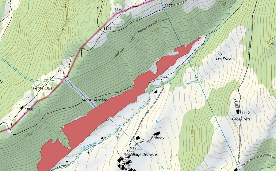 Landeskarte swisstopo mit dem Schutzperimeter von Mont Derrière (Trockenwiese)