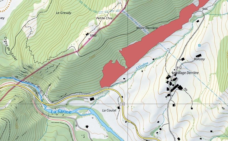 Carte nationale swisstopo avec le périmètre protégé de Mont Derrière (Prairie sèche)