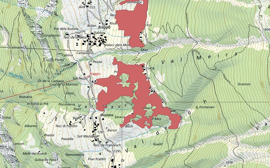 Landeskarte swisstopo mit dem Schutzperimeter von Mont di Caute (Trockenwiese)