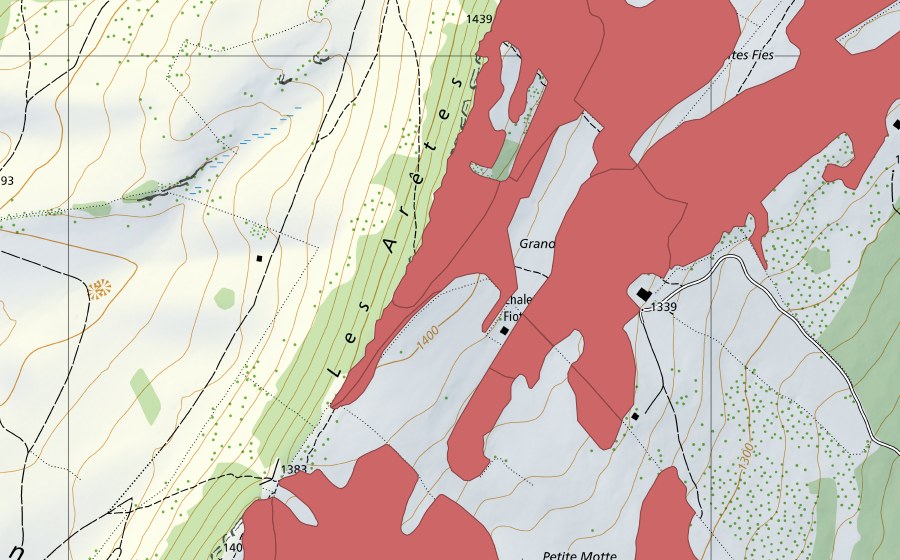 Landeskarte swisstopo mit dem Schutzperimeter von Mont Racine (Trockenwiese)