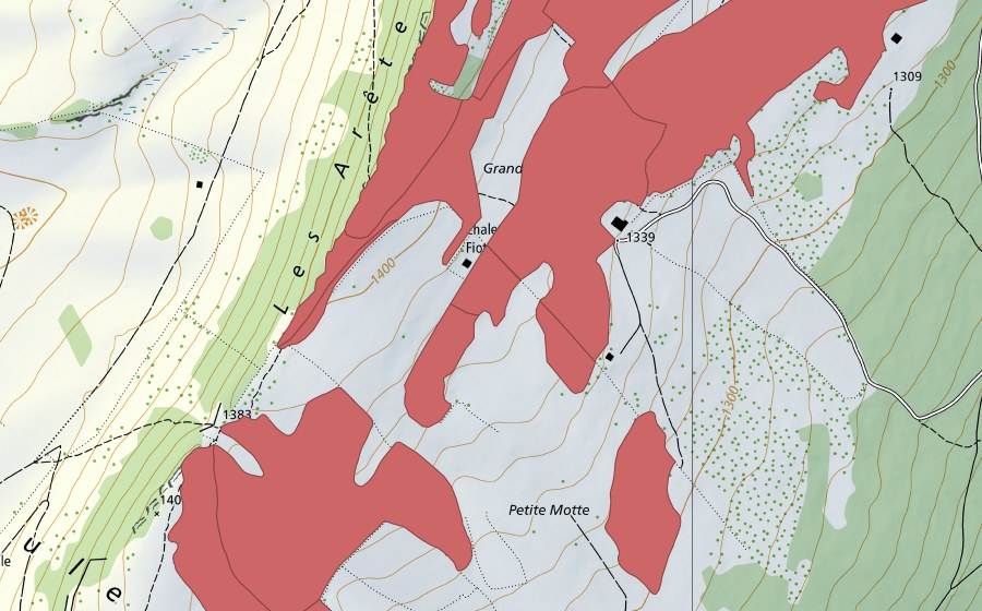 Carte nationale swisstopo avec le périmètre protégé de Mont Racine (Prairie sèche)