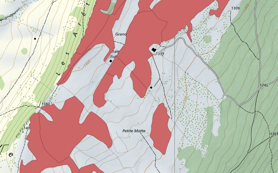 Landeskarte swisstopo mit dem Schutzperimeter von Mont Racine (Trockenwiese)