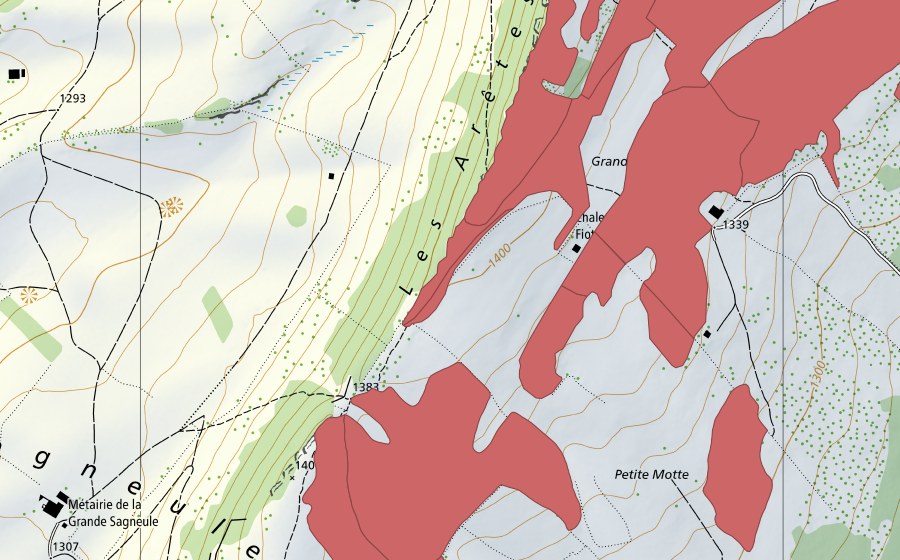 Landeskarte swisstopo mit dem Schutzperimeter von Mont Racine (Trockenwiese)