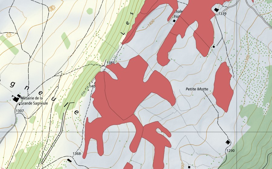 Landeskarte swisstopo mit dem Schutzperimeter von Mont Racine (Trockenwiese)
