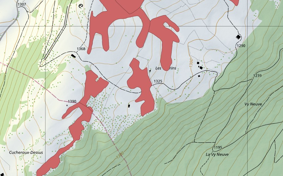 Landeskarte swisstopo mit dem Schutzperimeter von Mont Racine (Trockenwiese)