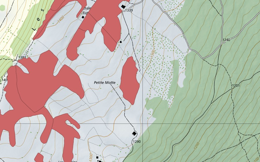 Carte nationale swisstopo avec le périmètre protégé de Mont Racine (Prairie sèche)