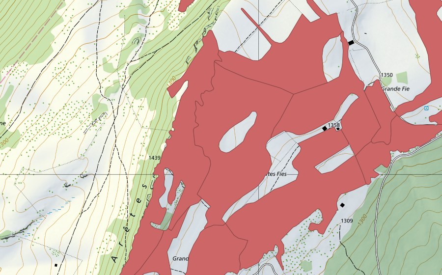 swisstopo national map showing the protected perimeter of Mont Racine (Dry meadow)