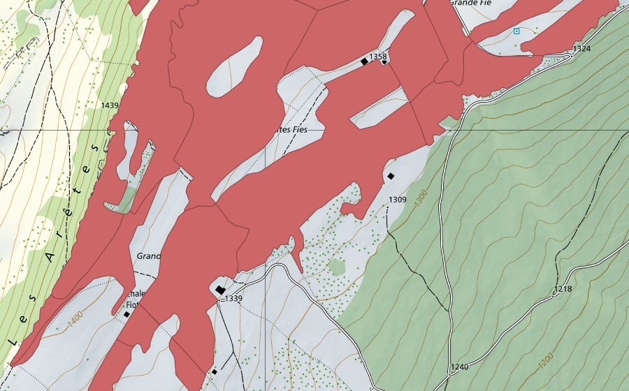 swisstopo national map showing the protected perimeter of Mont Racine (Dry meadow)