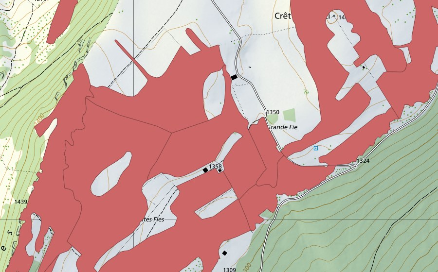 Carte nationale swisstopo avec le périmètre protégé de Mont Racine (Prairie sèche)