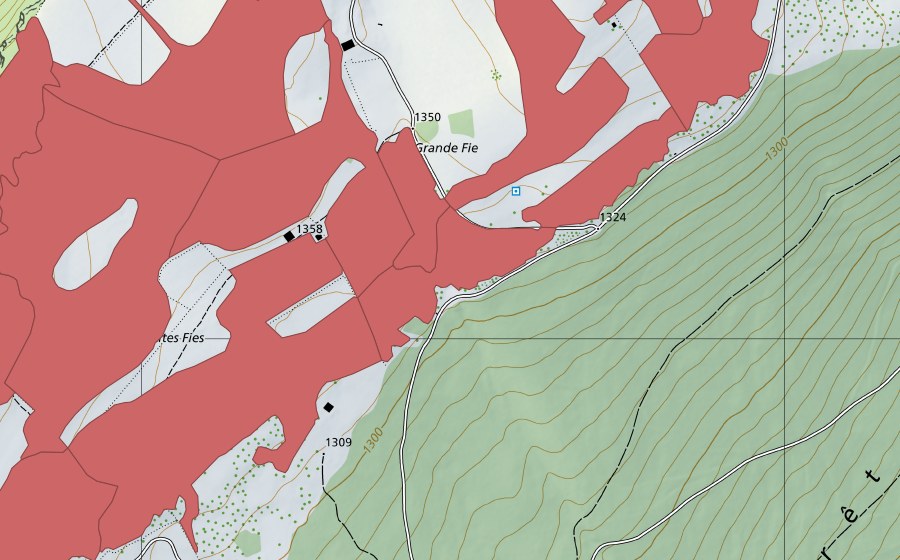 Carte nationale swisstopo avec le périmètre protégé de Mont Racine (Prairie sèche)