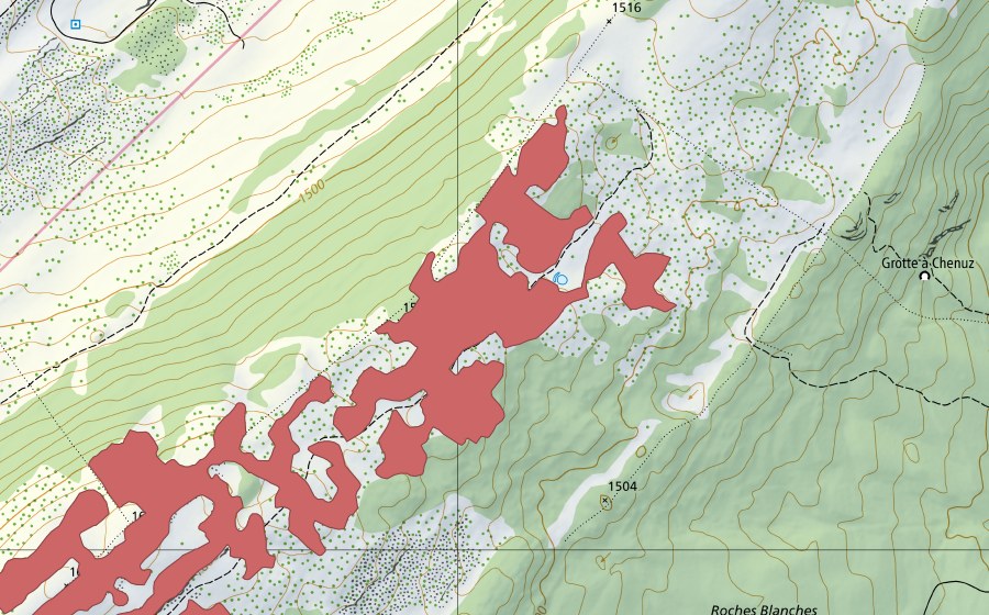 Carte nationale swisstopo avec le périmètre protégé de Mont Tendre (Prairie sèche)