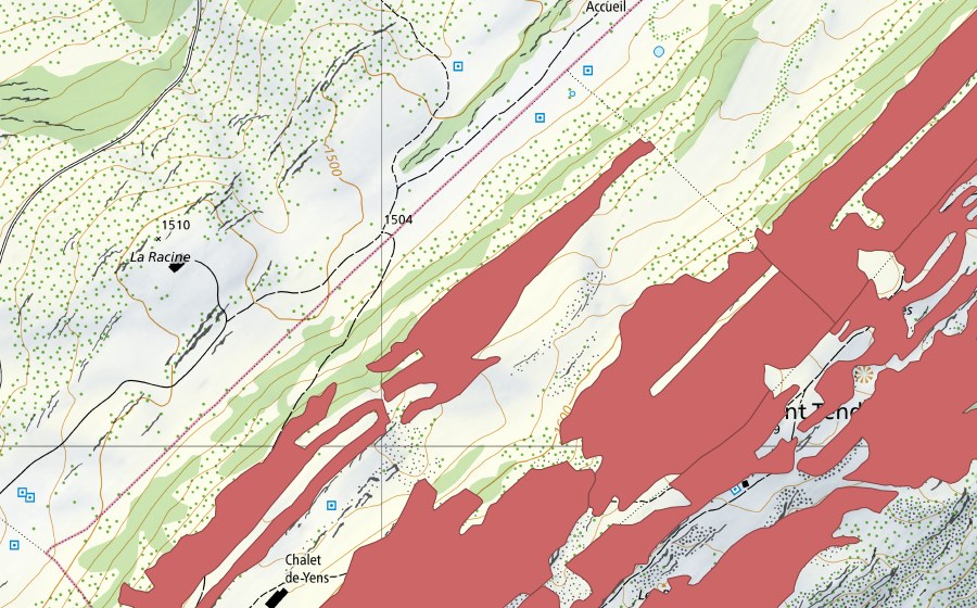 Carte nationale swisstopo avec le périmètre protégé de Mont Tendre (Prairie sèche)