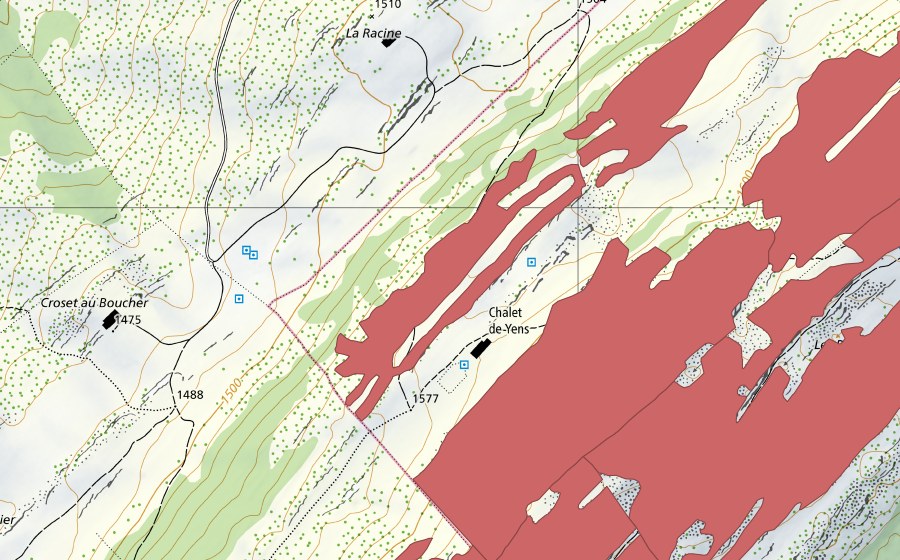swisstopo national map showing the protected perimeter of Mont Tendre (Dry meadow)