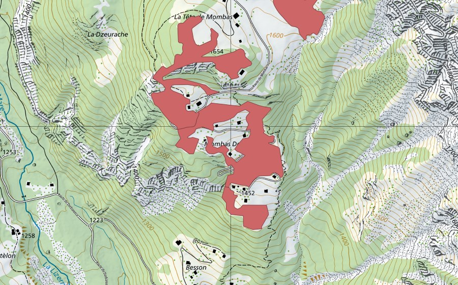 Landeskarte swisstopo mit dem Schutzperimeter von Montbas Dessous (Trockenwiese)