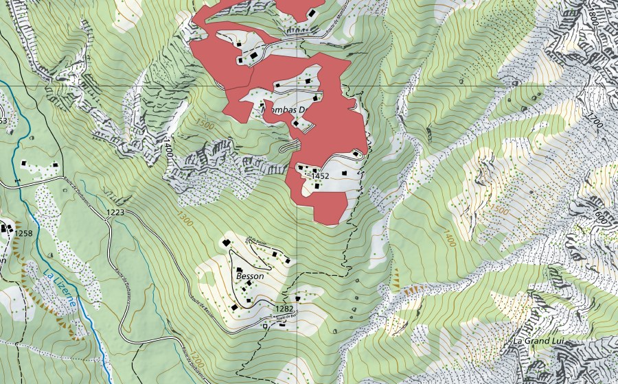 Carte nationale swisstopo avec le périmètre protégé de Montbas Dessous (Prairie sèche)