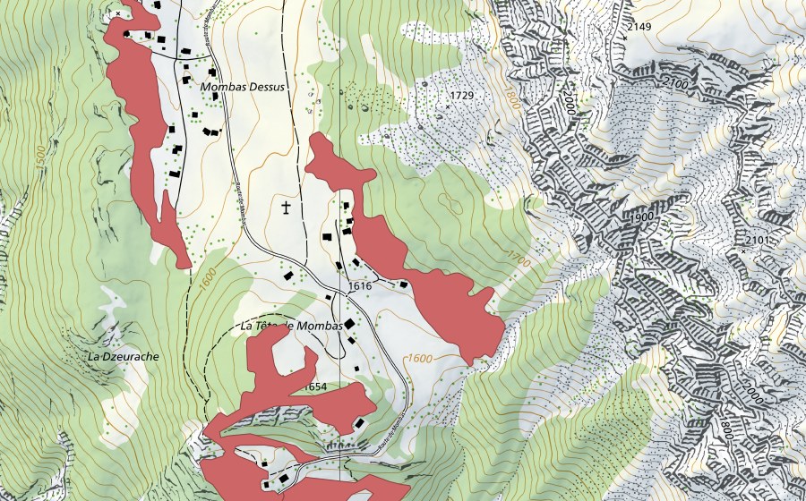 Carte nationale swisstopo avec le périmètre protégé de Montbas Dessus (Prairie sèche)