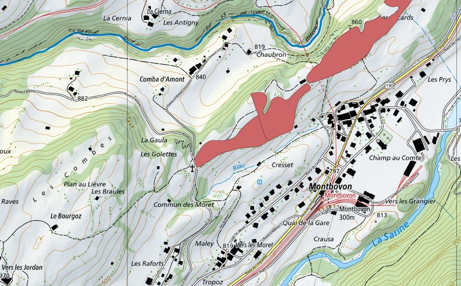 Carte nationale swisstopo avec le périmètre protégé de Montbovon (Prairie sèche)