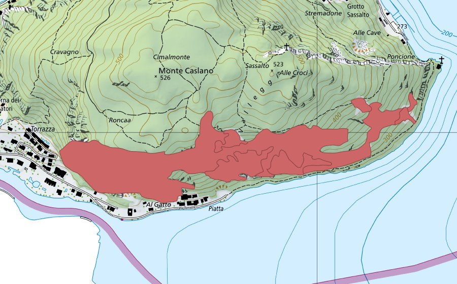 Carte nationale swisstopo avec le périmètre protégé de Monte Caslano (Prairie sèche)