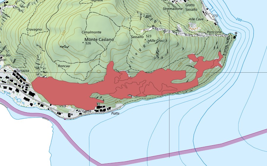 swisstopo national map showing the protected perimeter of Monte Caslano (Dry meadow)