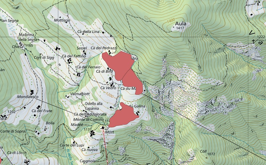 Carta nazionale swisstopo con il perimetro protetto di Monte di Comino (Prato secco)