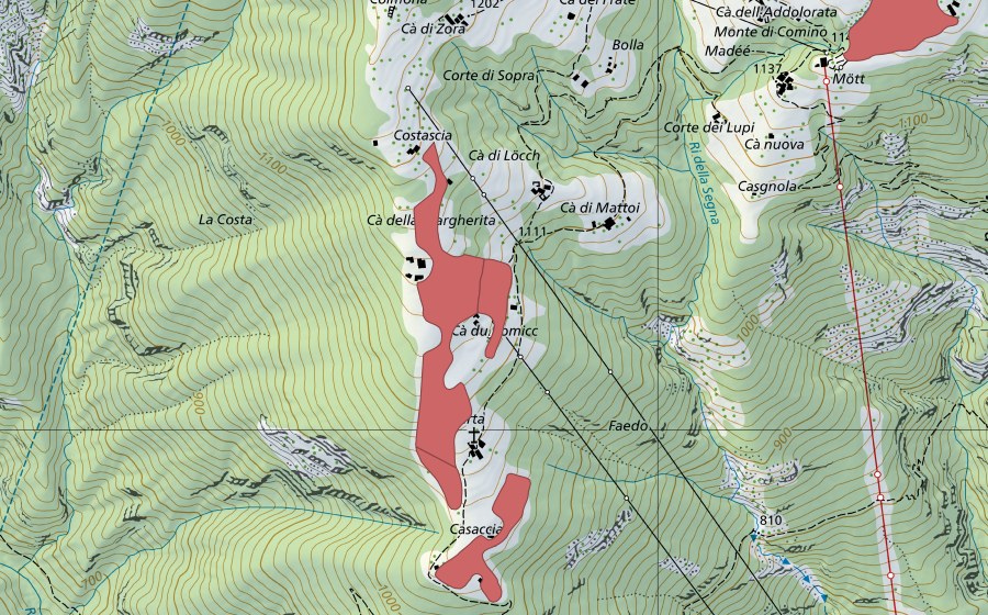 swisstopo national map showing the protected perimeter of Monte di Comino (Dry meadow)