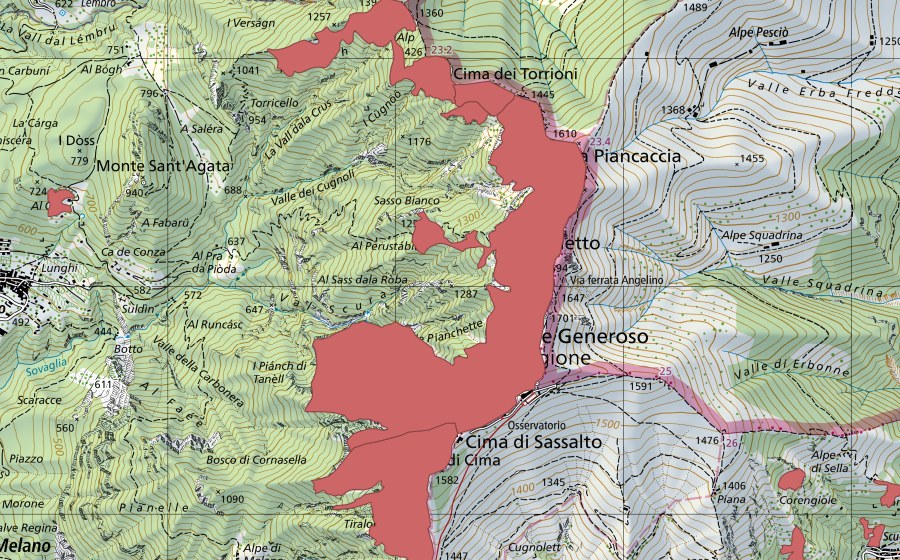 Carte nationale swisstopo avec le périmètre protégé de Monte Generoso (Prairie sèche)