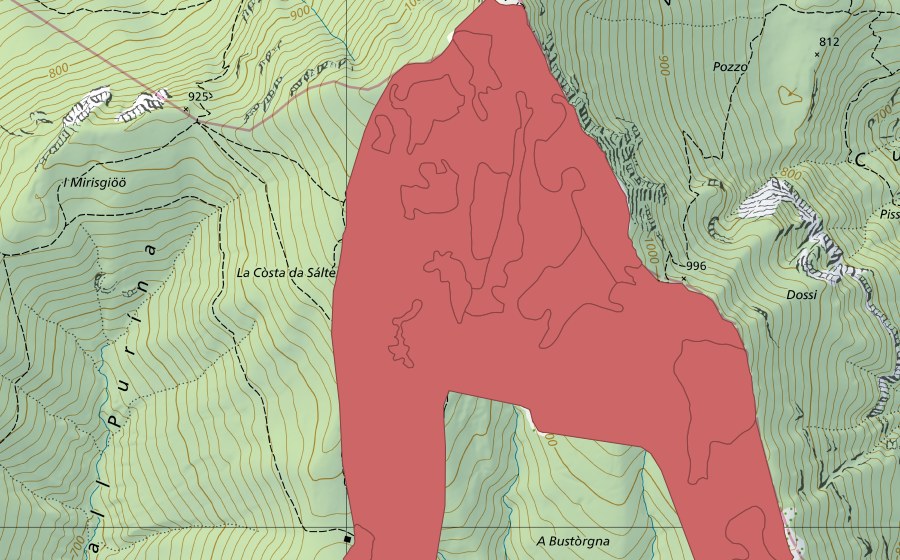 swisstopo national map showing the protected perimeter of Monte San Giorgio (Dry meadow)