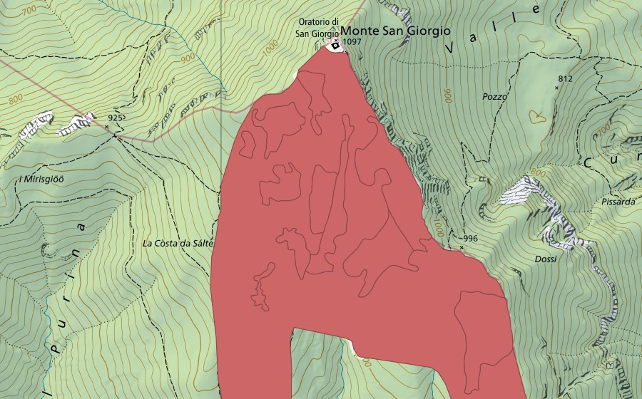 Carta nazionale swisstopo con il perimetro protetto di Monte San Giorgio (Prato secco)