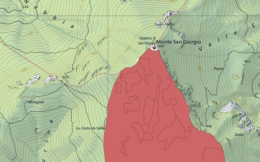 Carta nazionale swisstopo con il perimetro protetto di Monte San Giorgio (Prato secco)