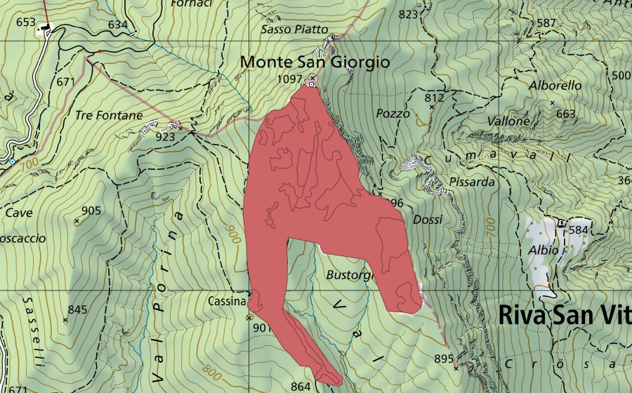 Landeskarte swisstopo mit dem Schutzperimeter von Monte San Giorgio (Trockenwiese)