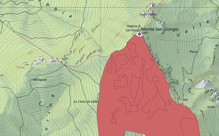 Landeskarte swisstopo mit dem Schutzperimeter von Monte San Giorgio (Trockenwiese)