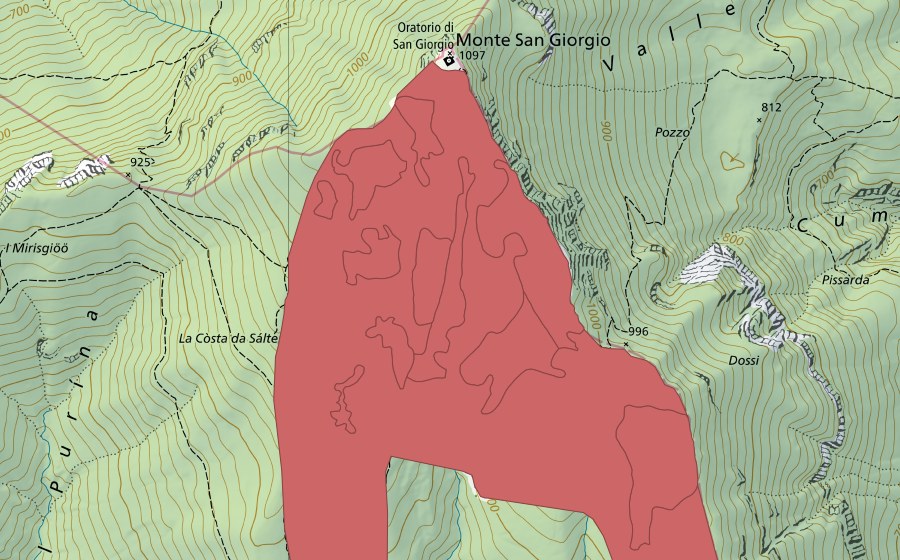 Carte nationale swisstopo avec le périmètre protégé de Monte San Giorgio (Prairie sèche)