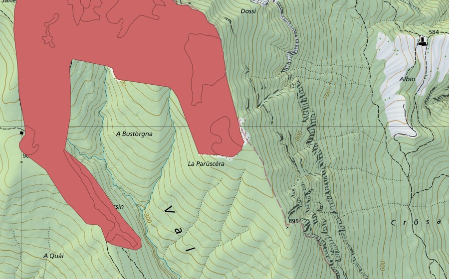 swisstopo national map showing the protected perimeter of Monte San Giorgio (Dry meadow)