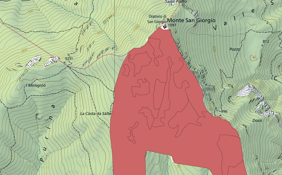 Carta nazionale swisstopo con il perimetro protetto di Monte San Giorgio (Prato secco)