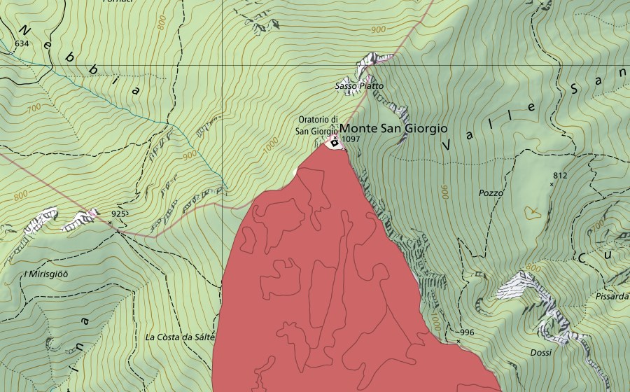 Carte nationale swisstopo avec le périmètre protégé de Monte San Giorgio (Prairie sèche)