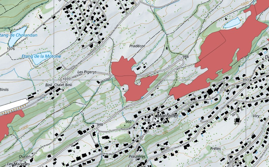 Landeskarte swisstopo mit dem Schutzperimeter von Monteiller (Trockenwiese)